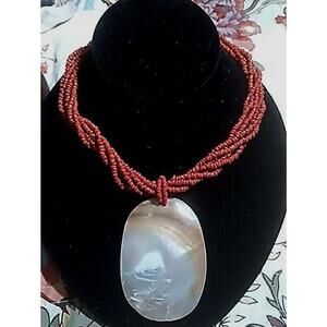 Red Seed bead necklace Hand Carved Abalone Pendant multi strand 20" See Note